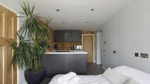 Ein modernes Schlafzimmer mit einem großen Bett, einer Topfpflanze und Blick auf eine Küche und ein Badezimmer.