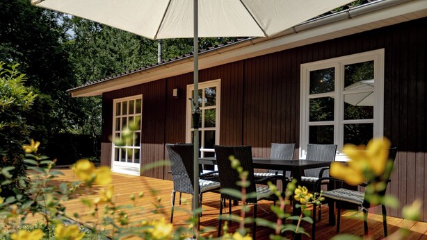 Una terraza de madera con una mesa y sillas, rodeada de vegetación y un edificio con ventanas grandes.