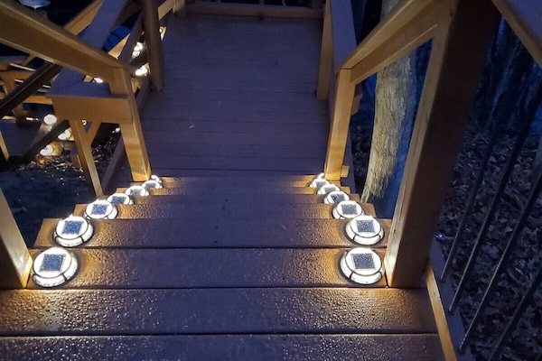 Lighted steps down to the canal
