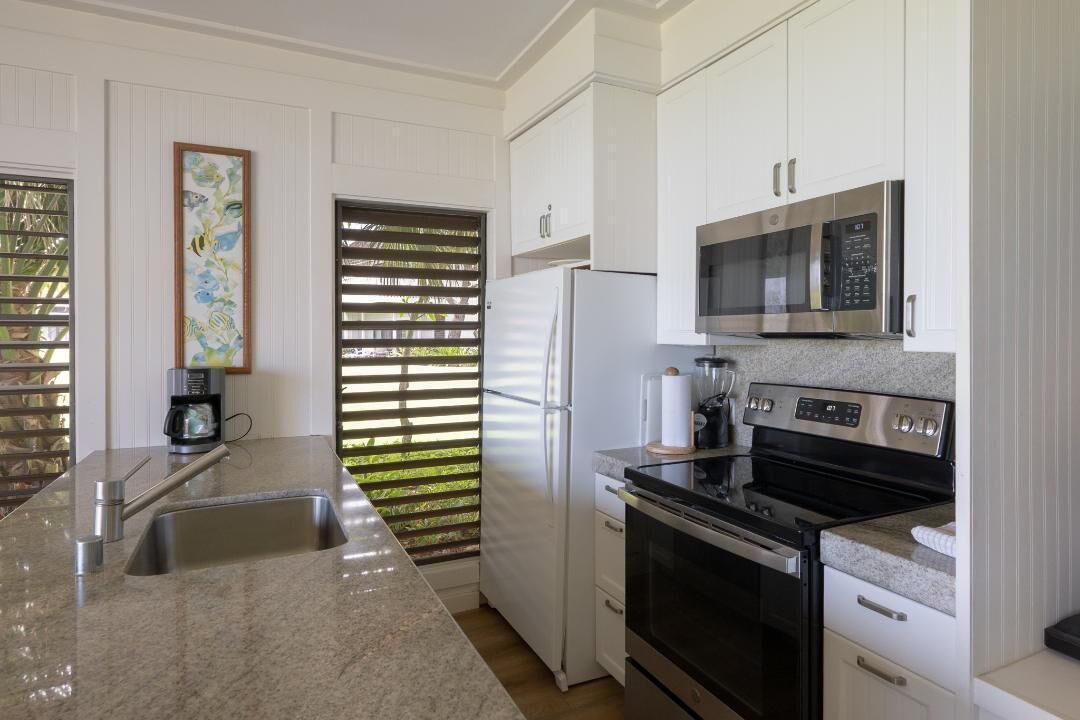 A modern kitchen with white cabinets, stainless steel appliances, and a granite countertop.