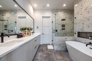 Hair dryer, towels, soap, shampoo
