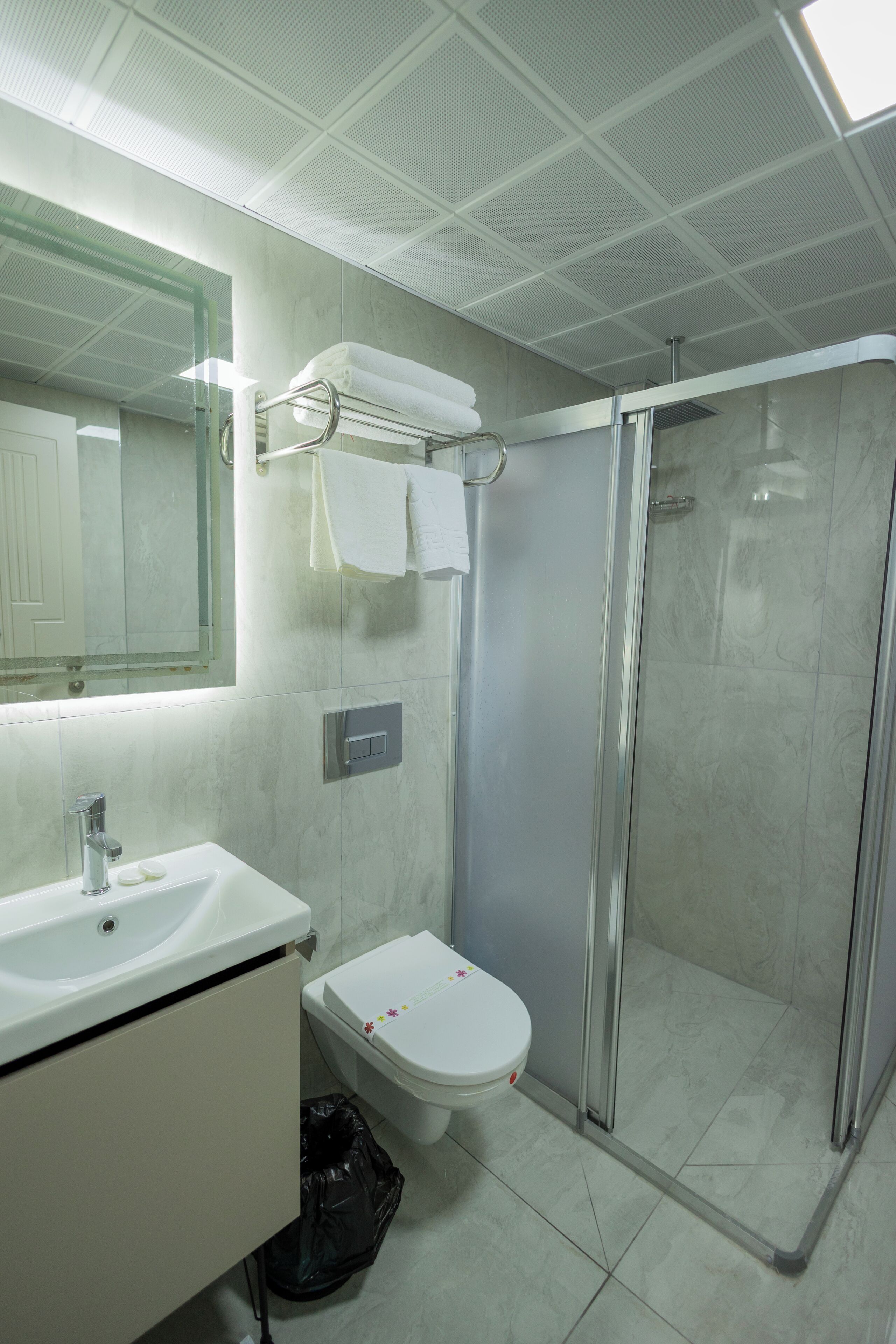 A modern bathroom with a white sink, toilet, and glass shower enclosure.