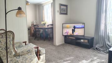 TV connectée, cheminée, livres, chaîne hi-fi