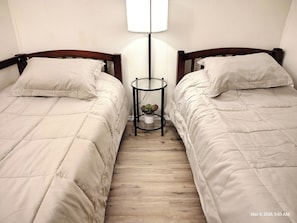 Une chambre avec deux lits simples, une petite table avec une plante et une lampe.