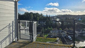 A residential area with a view of houses and trees. - Mountain House: An apartment with a gorgeous ocean view on Triangle Mountain. (Victoria)
