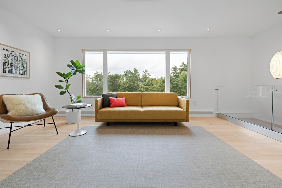 A modern living room with a sofa, a chair, a plant, and a large window.