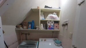 A laundry room with a washing machine, dryer, and shelves containing cleaning supplies.