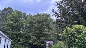 Eine Holzterrasse mit Blick auf ein Haus und dichte Bäume im Hintergrund.