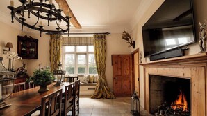 Een gezellige woonkamer met een open haard, een televisie en een eethoek.