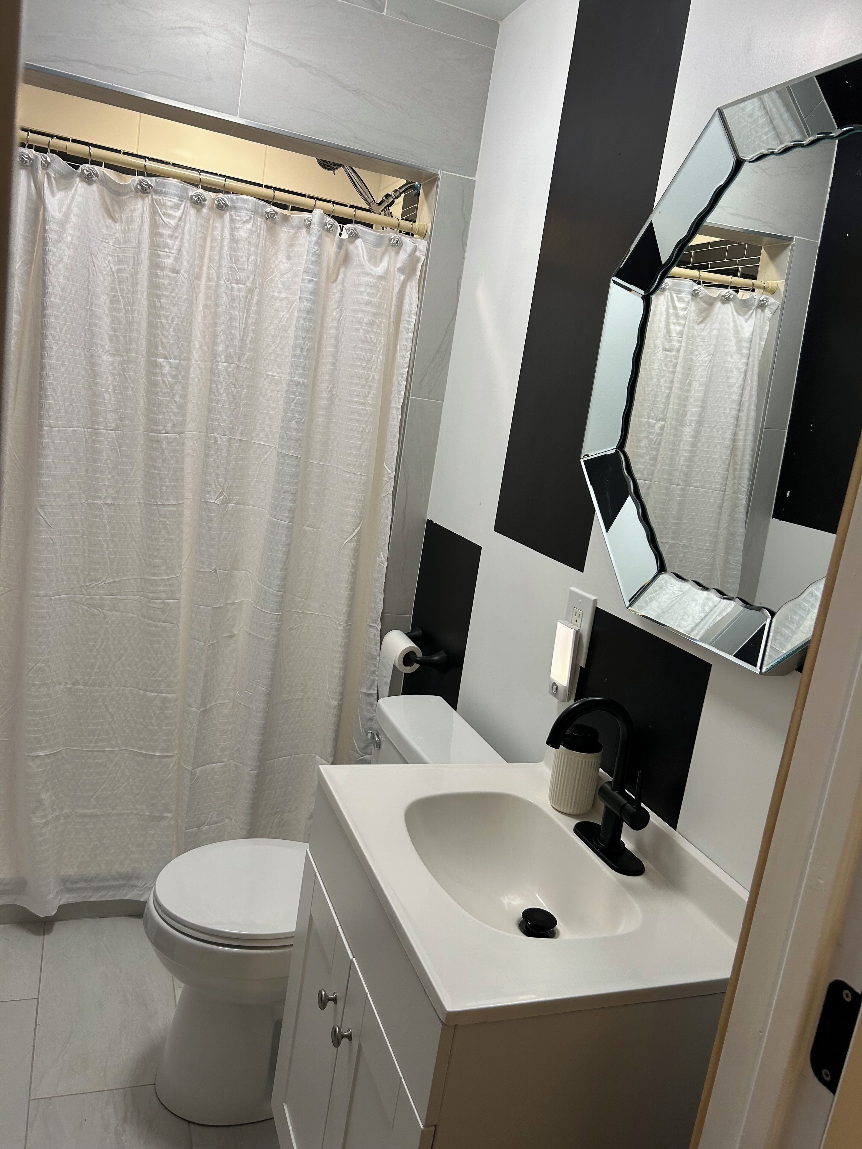 Hair dryer, towels, soap, toilet paper