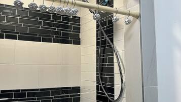 Hair dryer, towels, soap, toilet paper