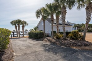 A residential area with a house, palm trees, and a paved driveway.
