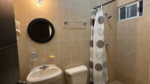 Une salle de bain avec un lavabo, des toilettes et une douche.