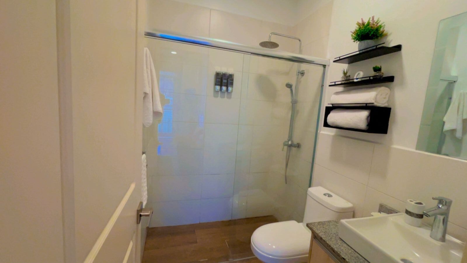 Hair dryer, towels, soap, shampoo