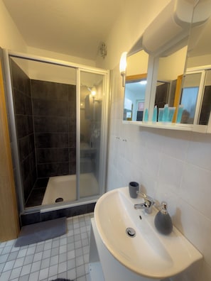 Dusche, Haartrockner, Handtücher, Seife