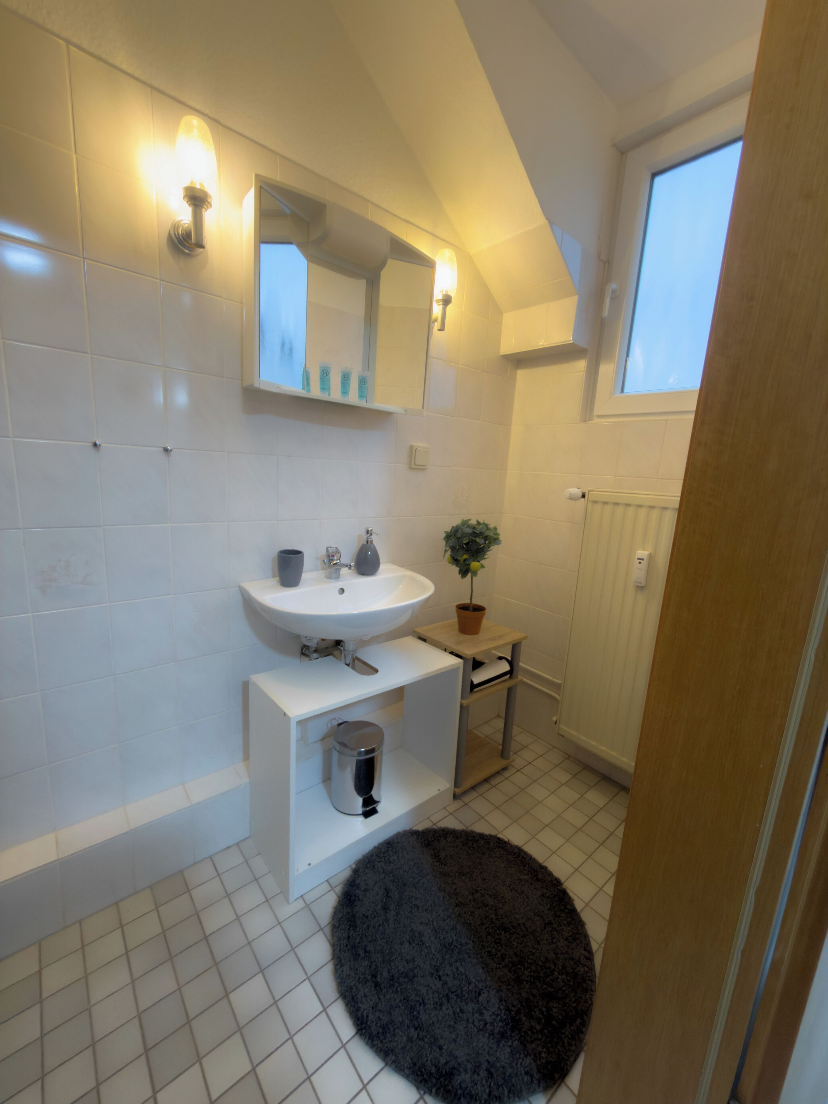 Une salle de bain moderne avec un lavabo blanc, un miroir et des murs carrelés. On y trouve une plante en pot et un tapis noir sur le sol.