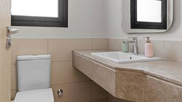 A bathroom with a toilet, sink, and mirror.