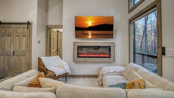 Smart TV, fireplace, books