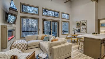 Smart TV, fireplace, books