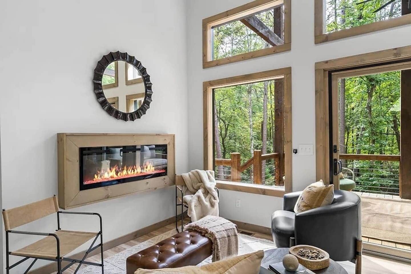 Smart TV, fireplace, books