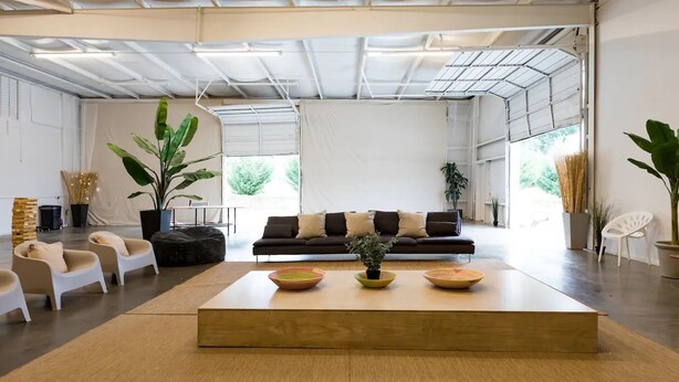 Una sala moderna con un sofá, sillas, una mesa de centro y plantas en macetas.