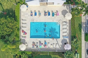 Vista aérea de una piscina rectangular rodeada de sillas de descanso y sombrillas, con gente nadando y tomando el sol.