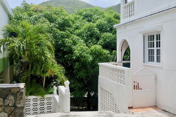 A white building with a gated entrance, surrounded by lush green foliage.