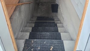 A narrow stairway with wooden walls and a window at the top. - Cute Southside Private Apartment in Bozeman (Bozeman)