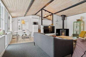 A modern living room with a sofa, dining table, and chairs, a fireplace, and a television.