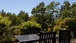 Ein Sitzbereich im Freien mit Tisch und Stühlen, umgeben von üppiger Vegetation und Bäumen.