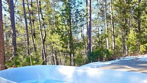 Ein Whirlpool inmitten bewaldeter Landschaft mit hoch aufragenden Bäumen und blauem Himmel.