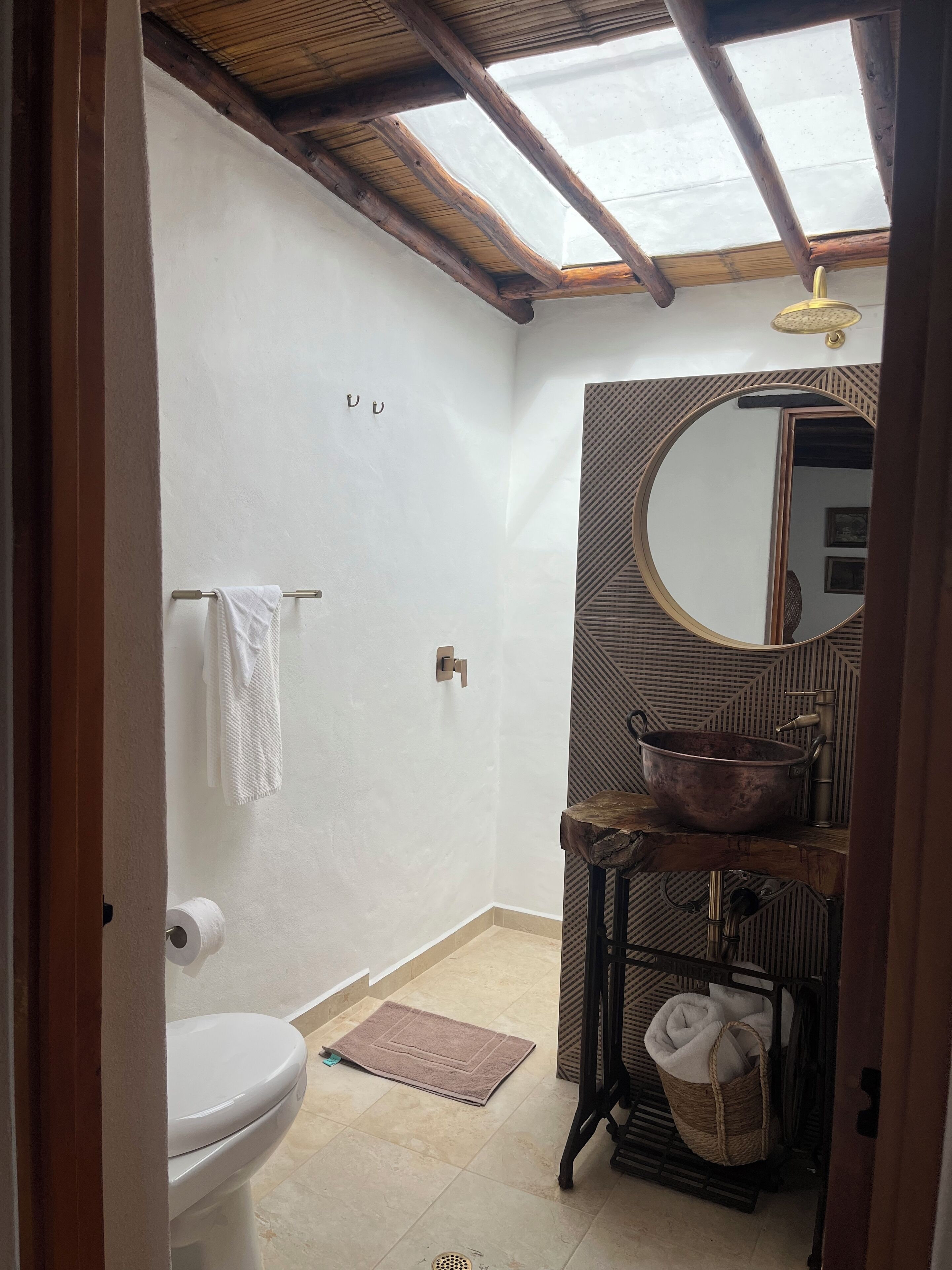 A bathroom with a skylight, a toilet, a sink with a large basin, and a mirror.