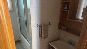 Une salle de bain avec une porte de douche en verre, un lavabo et des étagères en bois.