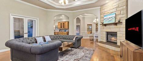 TV, fireplace, offices