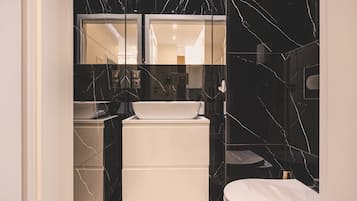 A compact bathroom with a white sink, a toilet, and a mirror above the sink.
