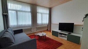 Moderni olohuone, jossa on harmaa sohva, punainen matto, valkoisella jalustalla oleva televisio ja patteri ikkunoiden alla.
