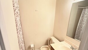 A small bathroom with a toilet, sink, and shower curtain. - Cozy 1-bedroom studio in tranquil Laurel with AC (Laurel)