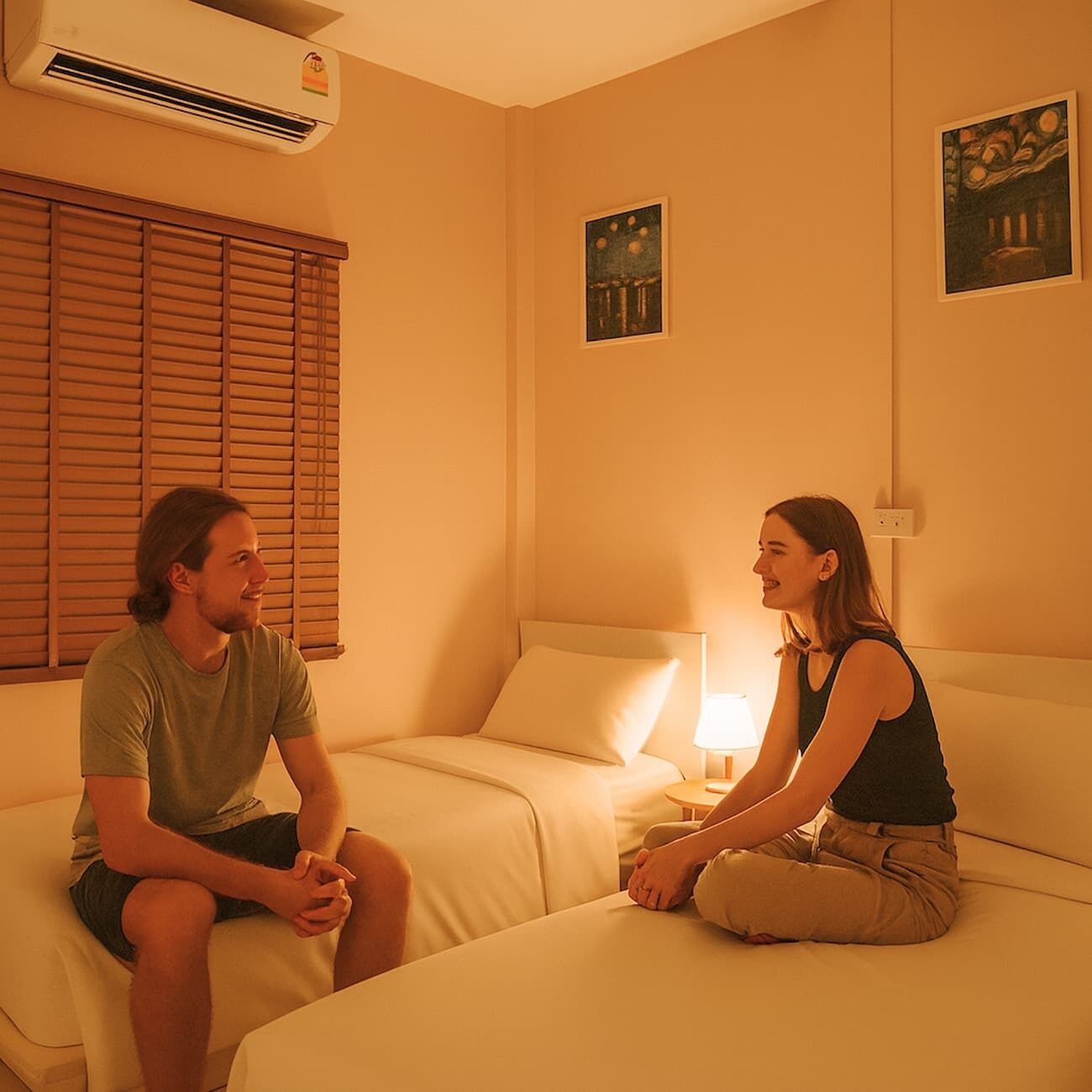 A room with two beds, a bedside table with a lamp, and an air conditioner on the wall.