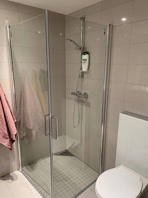Cabina de ducha con paredes de vidrio, un cabezal de ducha y un grifo manual, un inodoro blanco y un perchero con toallas rosas.