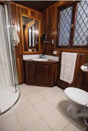 A bathroom with a glass shower enclosure, wooden cabinets, a sink, and a toilet. - Stone Castle by Botanic Gardens, Mt Tamborine, Courtyard & Pizza Oven (Tamborine Mountain)