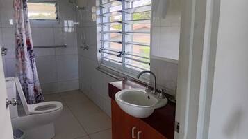 Shower, towels, soap, toilet paper