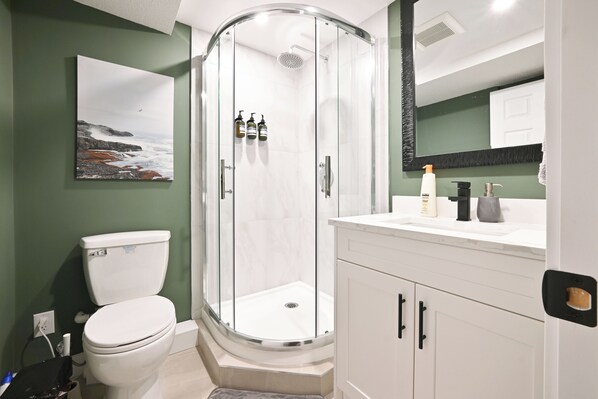 Shower, hair dryer, towels, soap