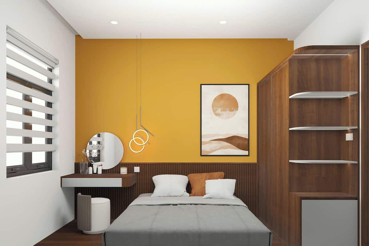 Un dormitorio moderno con cama, mesita de noche, espejo y una obra de arte en la pared.
