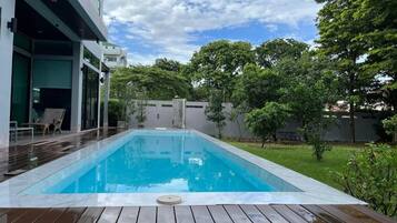 Outdoor pool, open 9:00 AM to 6:00 PM, pool umbrellas, sun loungers