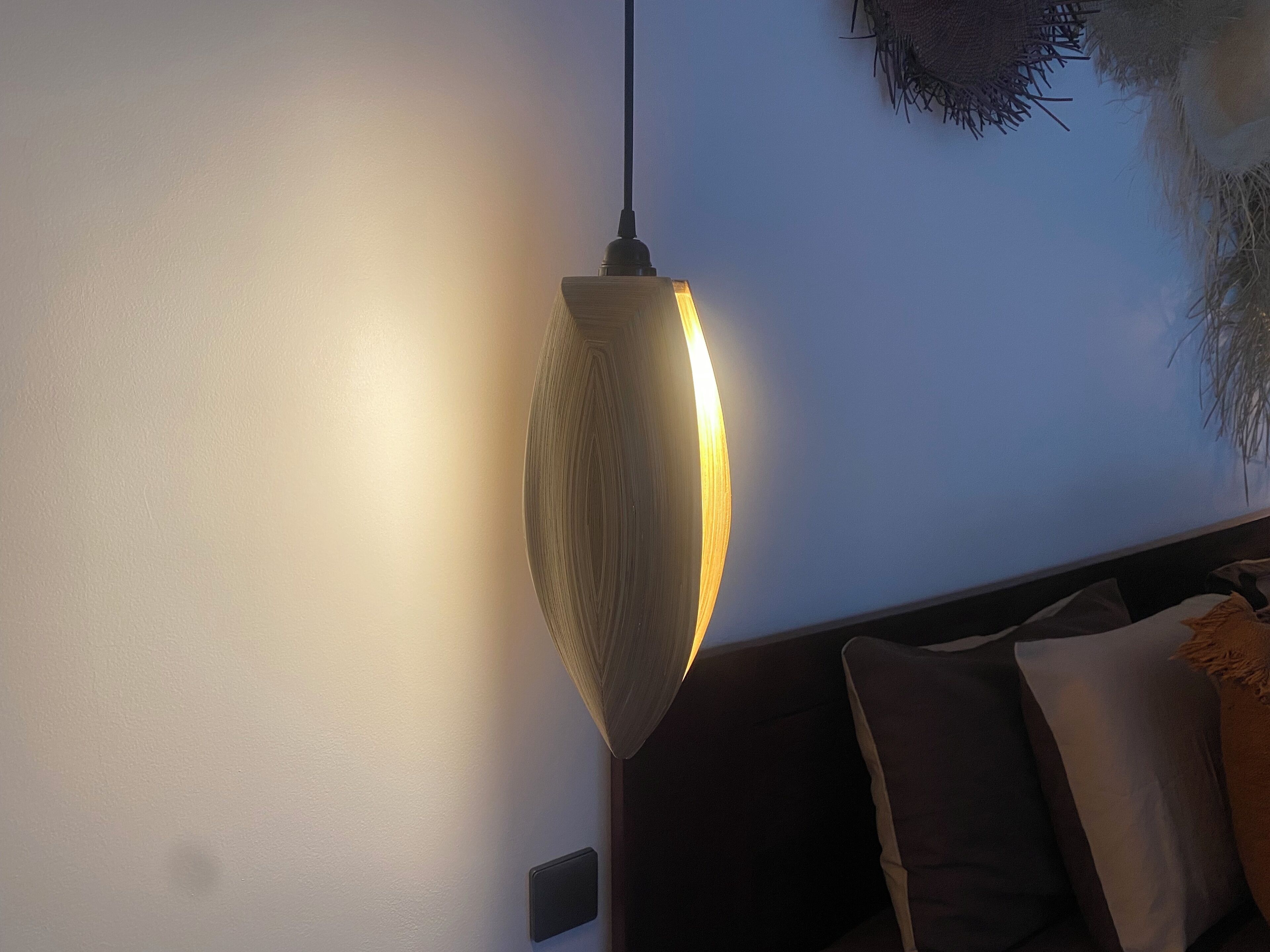 A modern room with a unique pendant light, a dark-colored sofa, and a wall-mounted switch.