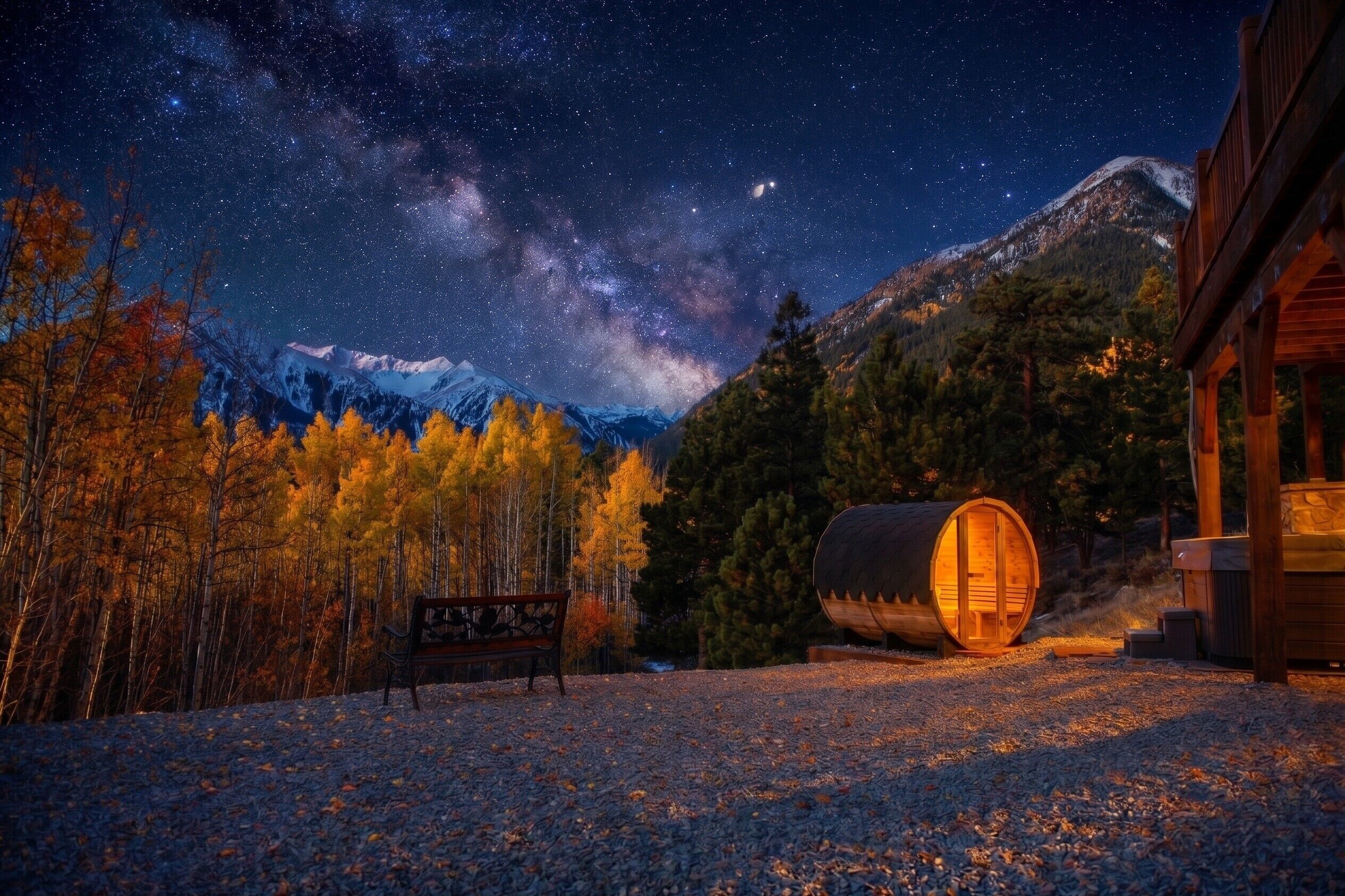 Una cabaña con un cielo estrellado, un banco de madera y una estructura de cabaña de troncos.