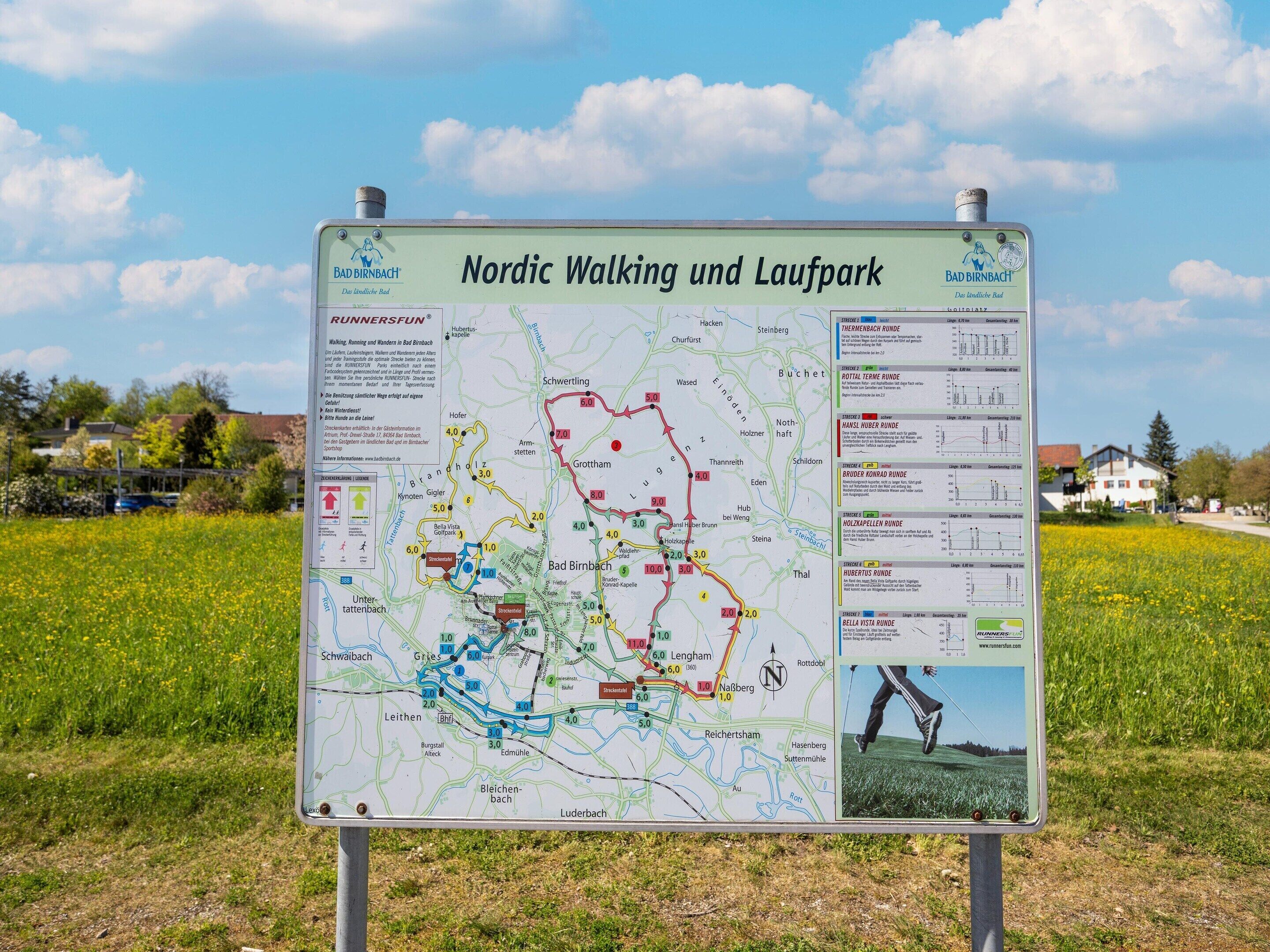 Une carte des sentiers de marche nordique et du parc de course, avec les itinéraires et les distances indiqués.