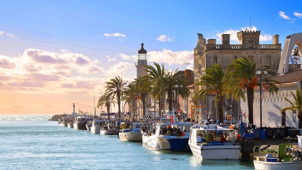 A harbor with boats docked, a historic building with a tower, and palm trees lining the waterfront. - Cap Med by Interhome (Le Grau du Roi)