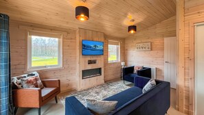 Ett rum med träpanel på väggarna, utrustat med en TV, en öppen spis, en soffa och ett fönster med utsikt över träd.
