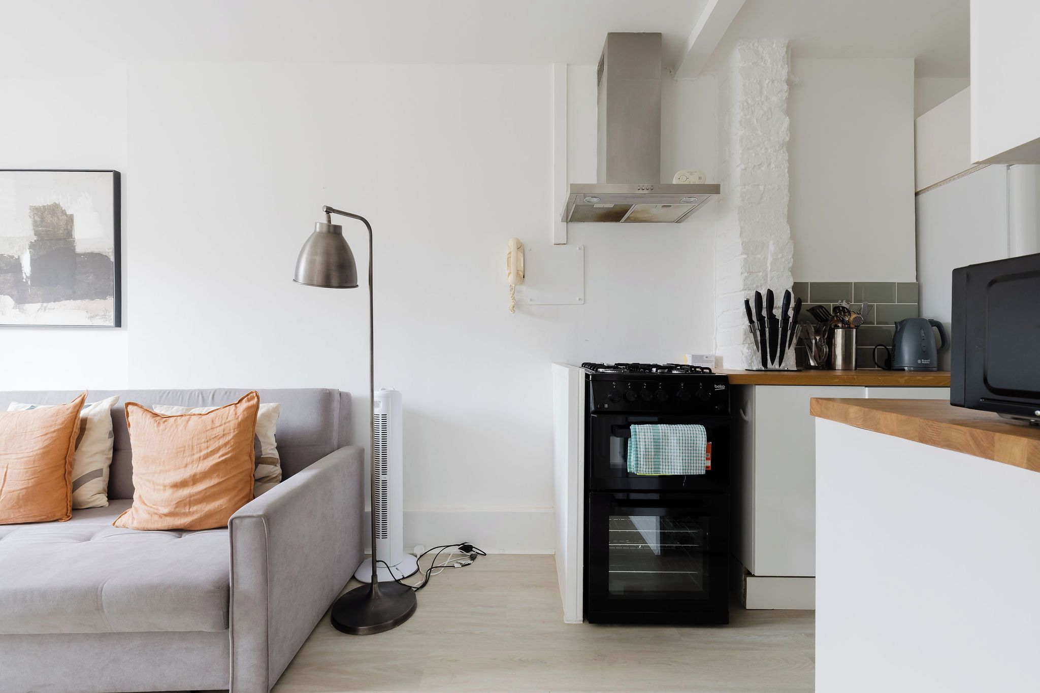 Un salon moderne avec un canapé gris, un lampadaire et un coin cuisine équipé d’une cuisinière, d’un four et d’un four à micro-ondes.